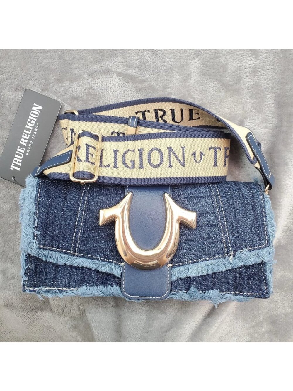 True Religion Crossbody Bag Frayed Denim Flap Purse Horseshoe Western Festival